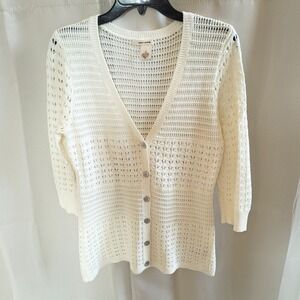DKNY Womens Cardigan Medium Cream‎ Button Up Coquette Pointelle Open Knit 17416x